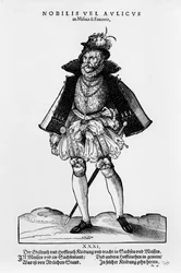Šlechtic z Misny a Saska, ilustrace z „Trachtenbuchu“ od Hanse Weigela, vydáno 1577 (dřevořez a knihtisk)