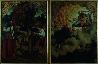 Příběhy svatého Petra a Pavla oltářní obraz: detail zobrazující ukřižování svatého Petra, svatý Pavel vystupující do nebe (olej na desce) (detail)