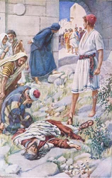 St Paul stoned, ilustrace z Harold Copping Pictures: The Crown Series, c.1920