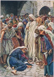 Žena, která se dotkla lemu jeho oděvu, ilustrace z „Women of the Bible“, vydaného společností The Religious Tract Society