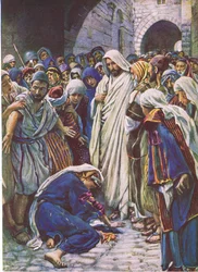Žena, která se dotkla lemu oděvu, ilustrace z 