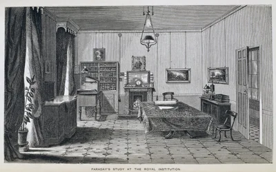Studie Michaela Faradaye ve druhém patře v The Royal Institution, z knihy Henryho Bence Jonese „The Life and Letters of Faraday“, publikované 1870, 1869 (viz 137594)