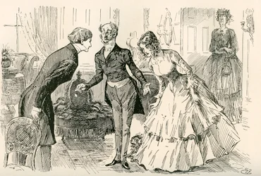 David se setkává s Dorou a slečnou Murdstoneovou. „Pan Copperfield, moje dcera Dora a důvěrná přítelkyně mé dcery Dory, slečna Murdstoneová!“. Ilustrace Harryho Furnisse k románu Charlese Dickense David Copperfield, z edice Testimonial, vydané 19.
