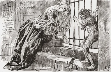 Lady Dedlocková a Jo. "Byl tam umístěn," říká Jo, drží se mříží a dívá se dovnitř, zatímco lady Dedlocková se stáhne do kouta. Ilustrace Harryho Furnisse k románu Charlese Dickense Bleak House, z The Testimonial Edition, vydaném v roce 1910.