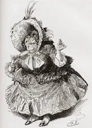 Slečno Mowcher. Ilustrace Harryho Furnisse k románu Charlese Dickense David Copperfield z The Testimonial Edition, vydaném v roce 1910.