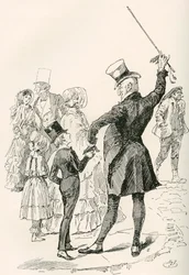 Pan Micawber vezme Davida domů. "Společně jsme šli k našemu domu a pan Micawber na mě zapůsobil názvy ulic a tvary rohových domů." Ilustrace Harryho Furnisse k románu Charlese Dickense David Copperfield, od