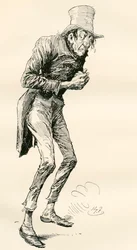 Newman Noggs. Ilustrace Harryho Furnisse k románu Charlese Dickense Nicholas Nickleby z The Testimonial Edition, vydaném v roce 1910.