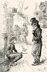 Oliver zapadá do The Artful Dodger. "Haló, můj covey, co je to za hádku?" řekl tento podivný mladý pán Oliverovi. "Jsem velmi hladový a unavený," odpověděl Oliver; slzy v jeho očích, když mluvil. "Ušel jsem dlouhou cestu. Šel jsem pěšky."