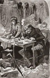 Spisovatel prosebných dopisů. Ilustrace Harryho Furnisse k románu Charlese Dickense Great Expectations, z The Testimonial Edition vydaného v roce 1910.