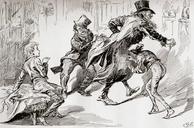 Zlodějská kuchyně. Oliverovi je ukázáno, jak se to dělá, ilustrace z knihy "Oliver Twist", kterou napsal Charles Dickens, z edice The Testimonial Edition, vydané v roce 1910.
