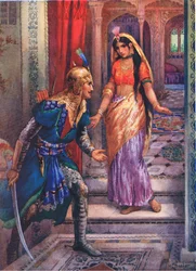 Když spatřila Rámu, vyrazila vpřed. Z knihy Dobrodružství Rámy a Síty, ilustrace z knihy "Dětské příběhy z indických legend", asi 30. léta 20. století (barevná litografie).