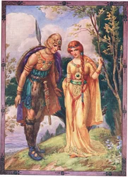 "Dovolte mi být vaším nápadníkem" (od prince dyfedského) (barevná litografie)