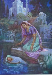 Kunti se neodvážila neuposlechnout. Z knihy Dobrodružní bratři, ilustrace z "Dětských příběhů z indických legend", asi 30. léta 20. století (barevná litografie).