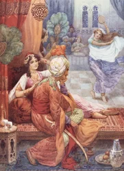 Princ Ahmed a víla Banou, ilustrace z "Dětských příběhů z Arabských nocí", Rose Yeatman Woolfová, cca 1920 (barevná litografie)