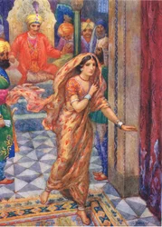 Utekla z audienční síně. Z pamětního prstenu, ilustrace z knihy "Dětské příběhy z indiánských legend", asi 30. léta 20. století (barevná litografie).