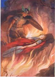 "Sigurd a Brynhilda" z knihy "Meč Volsungů" ilustrovaná v knize "Dětské příběhy ze severských legend" vydané Raphaelem Tuckem (barevná litografie)