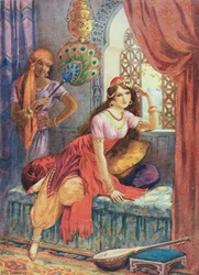 Sindibádova nevěsta, ilustrace z "Dětských příběhů z arabských nocí", Rose Yeatman Woolfová, cca 1920 (barevná litografie)
