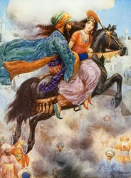 Princezna se vrací do Persie, ilustrace z "Dětských příběhů z arabských nocí", Rose Yeatman Woolfová, asi 1920 (barevná litografie)