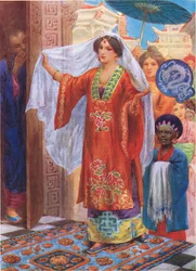 Princezna na cestě do lázní, ilustrace z "Dětských příběhů z arabských nocí", Rose Yeatman Woolfová, cca 1920 (barevná litografie)