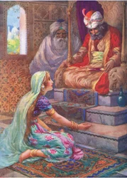 Jméno je Satjavan, ilustrace z knihy "Dětské příběhy z indických legend", asi 30. léta 20. století (barevná litografie).