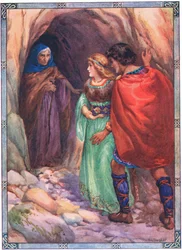 Přišli do jeskyně u moře (z knihy Diarmud a Grania) (barevná litografie)