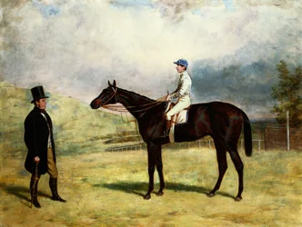 Gentleman u dostihového koně s žokejem na dostihovém závodišti, 1863