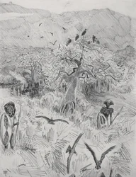 Masai Camp, kolem roku 1884 (pero na papíře)