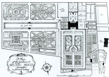 Plán zahrad v Belton House, Lincolnshire, jak dříve existoval, kolem roku 1900