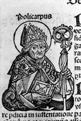 Portrét svatého Polykarpa ze Smyrny (asi 69-155), ev. Rytina z „“Norimberských kronik““ od Schedela Hartmanna (1440-1514)