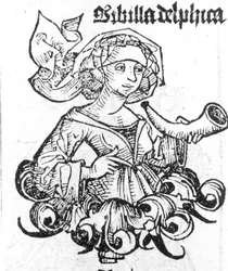 Zastoupení Pýthie z Delphi. Xilografie z „Liber chronicarum“ od Hartmanna Schedela, Norimberk 1497