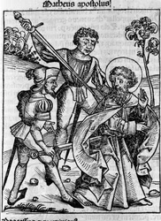 Zastoupení evangelisty svatého Matouše. Rytina z „Liber chronicarum“ (Norimberské kroniky) od Hartmanna Schedela 1493