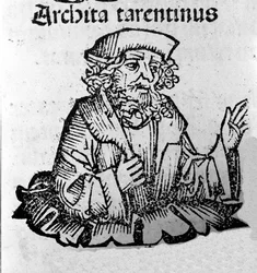 Řecký filozof Archytas z Taranta (435-347 př. n. l.) filozof Pythagorik, matematik, astronom. Xylografie „kronik Norimberku“ od Hartmanna Schedela