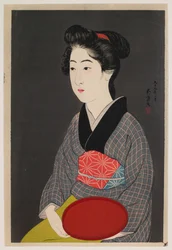Servírka drží podnos (Portrét Onao, služebná v hostinci Matsuyoshi, Kyoto)