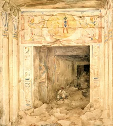 Zničený interiér chrámu v Esne v Horním Egyptě. Akvarel Hectora Horeaua (1801-1872), francouzského architekta.