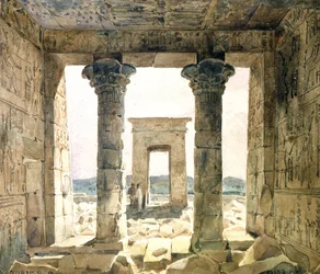 Ruiny chrámového komplexu v Dendeře: Pohled mezi dvěma sloupy směrem k bráně (pylonu). Akvarel Hectora Horeaua (1801-1872), francouzského architekta.