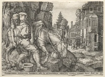 Podobenství o milosrdném Samaritánovi: Dobrý Samaritán nasazuje cestovatele na osla, 1554.