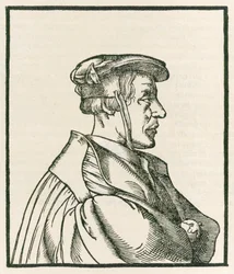 Heinrich Cornelius Agrippa von Nettesheim (1486-1535) rytina na titulní straně z De occulta philosophia libri tres vydané v roce 1533.