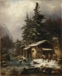 Zimní krajina s postavami odpočívajícími u vodního mlýna, 1866