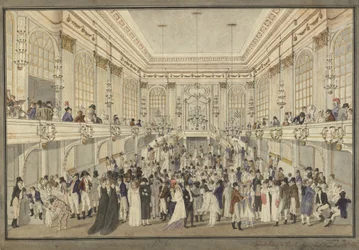 Maskovaný ples v Redutensaal ve vídeňském Hofburgu, c. 1815.