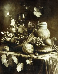 Fruit and Pottery Still Life, cca 1900 (hnědý pigmentový bichromátový tisk, ručně aplikovaný akvarel)