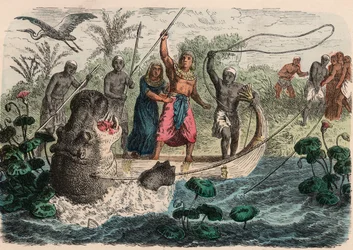 Starověký Egypt: faraon lovící hrocha, 1866