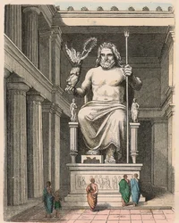 Starověké Řecko: Diova socha v chrámu v Olympii - socha od Phidias, c. 440/30 př. nl jeden ze sedmi divů světa