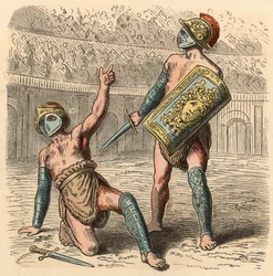 Starověký Řím: Gladiátor bojuje v amfiteátru