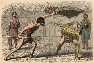 Starověký Řím: Gladiátor bojuje v amfiteátru