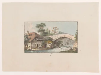 Pohled na dům u mostu v Orbe à Orbe (název na objektu) Pohledy na Švýcarsko (název série) Collection de quelques vues dessinées en Suisse d