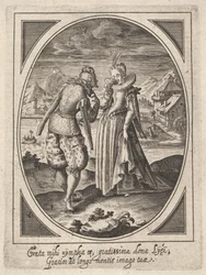 Muž přistoupí k ženě, která drží pohár u úst, vodní mlýn a horu..., ca. 1585-1621.