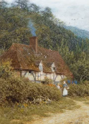 Chata poblíž Witley, Surrey (akvarel s škrábáním na papíře)