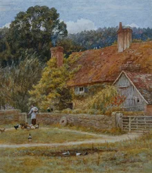 Netley Farm, Shere, Surrey (akvarel se škrábáním)