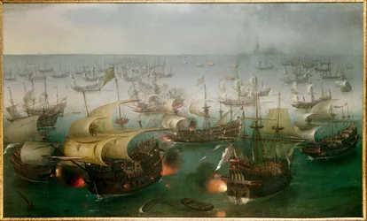 Nepřemožitelná Armada proti anglickému loďstvu: «7. den bitvy s Armadou, 07/08/1588», obraz Hendricka Cornelisze Vrooma (1566-1640)
