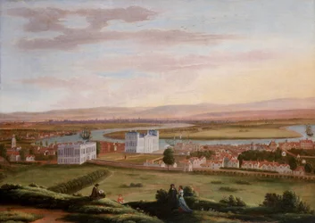 Pohled na Greenwich a Královnin dům od jihovýchodu, kolem roku 1670, vlevo pod Královniným domem prochází Old Woolwich Road a vpravo je vidět Králův nový dům (v současnosti budova Královského soudního dvora (bývalá budova Královského námořnictva)).